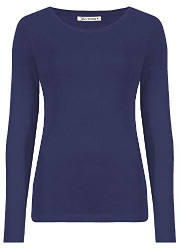 janisramone Womens Ladies Round Neck Long Sleeve T-Shirt Stretchy Plain Fitted Basic Jersey Casual Tee Top Navy