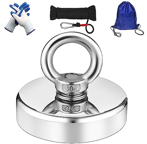 Wukong 250KG Haftkraft Neodym Magnete extra stark zum Magnetfischen, runder Ösenmagnet mit 20m schwarzes Seil Topfmagnet Ø 75mm