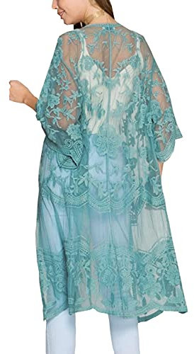YouKD Cardigan da donna in pizzo trasparente, stile boho, lungo, kimono, spiaggia, copricostume da bagno, Blu, Etichettalia unica