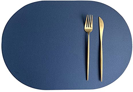 Oval Tischsets Abwischbar, Leder Kunstleder Platzset Zweifarbig Wasserdicht Platzdecken mit Untersetzer ür Hause Küche Restaurant (Blau/Grau,6 Stück)