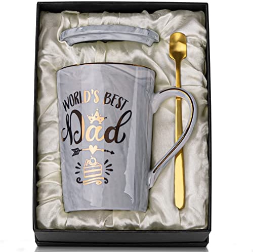 Fathers Day Birthday Gifts for Dad from Daughter Son - World's Best Dad - Daddy Mug Printed with Gold, Funny Father's Presents, 14Oz Grey Ceramic Gold Print Coffee Cup, Lid Spoon Card, Nice Gift Boxed