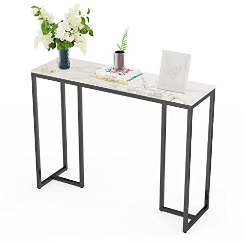 FATIVO Konsolentisch Marmor Eingangstisch Smaragd Weiß Flurtisch, Wohnzimmertisch Skandinavisch Stabiler Luxustisch mit Schwarz Metallgestell Modern Flur Dekotisch für Wohnzimmer 100×30×79cm