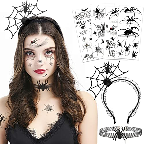 HOWAF Spinne Haarreifen Halloween Kostüm, Halloween Spinne Haarband Spinnweben Stirnband Halskette Temporäre Schwarz Spinnen Tattoos für Halloween Haarschmuck Karneval Maskerade Halloween Accessoire