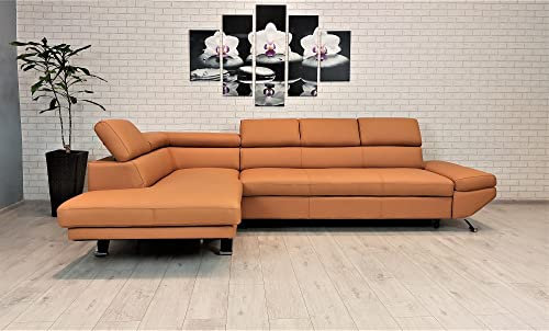 Quattro Meble Hellbraunes Echtleder Ecksofa Varsovia 305 x 193 Sofa Couch mit Schlaffunktion, Bettkasten und Kopfstützen Echt Leder Eck Couch Leder Toledo Sabbia(193 x 278 cm Ecke Links), VARS305X193