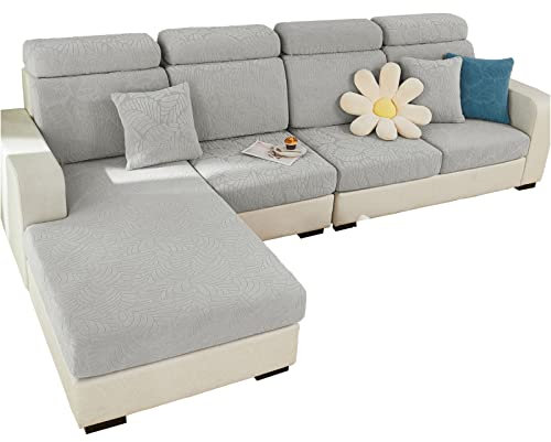 SHANNA Sofa Überzug Stretch, Couch Sofabezug 1 2 3 Sitzer L Form Ecksofa, Sofa Cover Sitzkissenbezug Sofaüberwürfe rutschfest Möbelschutz mit Elastischem Boden,(Blätter Hellgrau, 1 Sitzer)