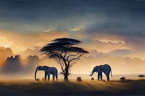 Holz-Bild 50 x 30 cm: Aquarellmalerei Wilde Giraffe und Elefant mit Morgenlicht im Afrika-Feld (192633684)