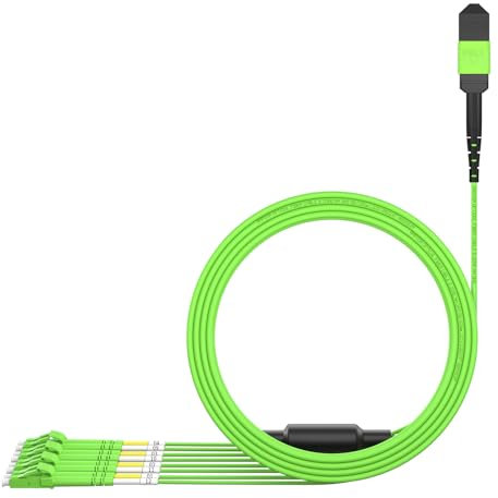 AMPCOM Cable de conexión MPO a LC 50/125μm multimodo OM5 (8 fibras, MPO a LC, tipo B, LSZH/elevador, UPC, verde lima) 5 m