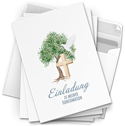10 Einladungskarten Konfirmation - Motiv Weiße Taube Kreuz - moderne Klappkarten mit Umschlägen - Einladungen zu Konfirmationsfeier Einladung Karten