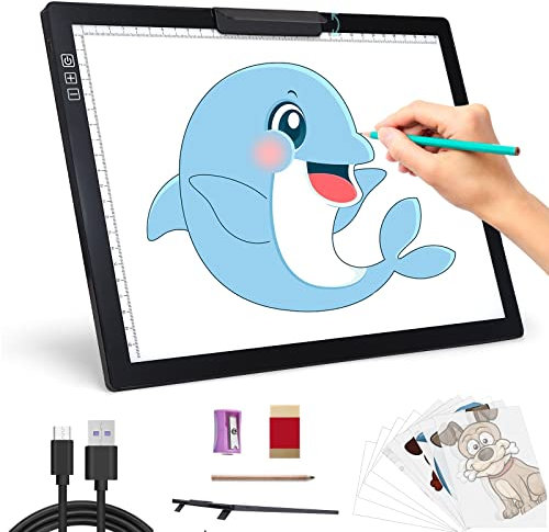 A4-Licht-Pad – Tracing Light Box Zeichnung mit faltbarem Ständer und oberem Clip, stufenlos dimmbar, 6 Helligkeitsstufen, kabellose Leuchtplatte, batteriebetriebenes LED-Lichtpad für Diamantmalerei,