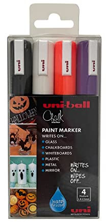 uni-ball PWE-5M Liquid Chalk Pens. Multi-Purpose Wipeable Coloured Markers for Blackboards, Chalkboards, Whiteboards, Glass, Mirrors, Plastic, Windows, Metal. Halloween Tones. Bullet Tip 5mm. 4 Pack