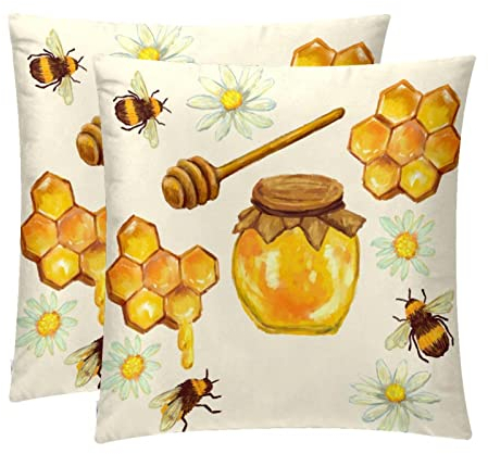 Pack of 2, Decorative Square Throw Pillow Cover Cushion Covers Pillowcase, Home Decor Decorations for Sofa Couch Bed Chair Honey Jar with Honeycomb