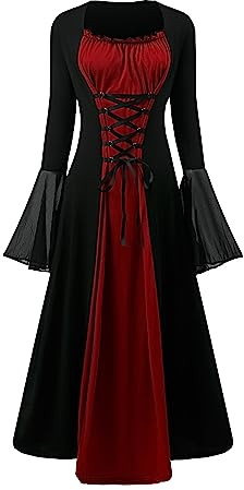 Costume de renaissance pour femme - Robe médiévale avec manches trompette gothique maxi robe de carnaval Halloween fête (Rouge, 2XL)