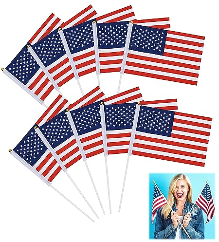 USA Stick Flag, Drapeau de bâton de American, Mini-Drapeau Américain,Couleur Vive et Résistant à la Décoloration, 10 Pièces (14 x 21 cm)