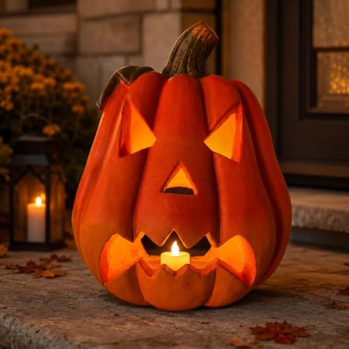XXL Kürbis-Laterne als LED Halloween-Deko Set in 30x26 cm - Großer Keramik Jack-O-Lantern als Outdoor Grusel-Deko - Kürbis-Deko als innen Herbst-Deko und Draußen Garten-Deko
