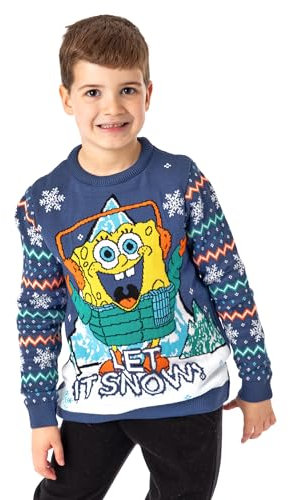 SPONGEBOB SQUAREPANTS Kids Christmas Jumper in Blue | Let It Snow Festive Knitted Holiday Sweater for Children | Kids Xmas Warm Pullover Knit | Sponge Bob Seasonal Merchandise Gift for Boys & Girls