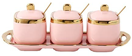 Aintap Elegante Juego de condimentos de cerámica: Rosa Claro con Borde Dorado, Completo con azucarero, salero y ricino