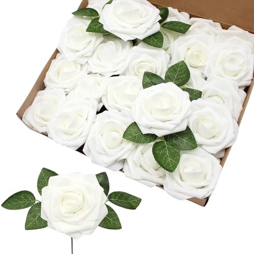 25Pcs Real Touch Fake Foam Roses, White Faux Artificial Flowers with Stems for Wedding Bouquets, Mother's Day, Valentine's Day, Christmas Decorations