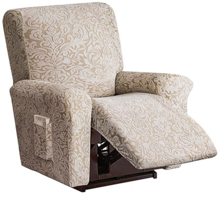 Funda Sillon Relax Reclinable 1 Plaza Jacquard,Funda de Sillón Relax Elastica,Funda para Sofá Reclinable 4 Piezas con Bolsillos Laterales,Antideslizante Protector Extraíbles y Lavables,Albaricoque