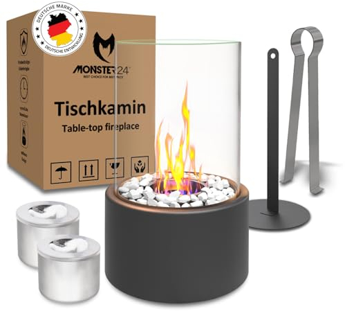 Monster24 Einzigartiger Tischkamin - Tischfeuer mit Deko Steinen und 2 Brennkammern für unendliche Brenndauer - Bio Ethanol Kamin Indoor & Outdoor - Balkon Deko - EN 16647:2015 Zertifiziert