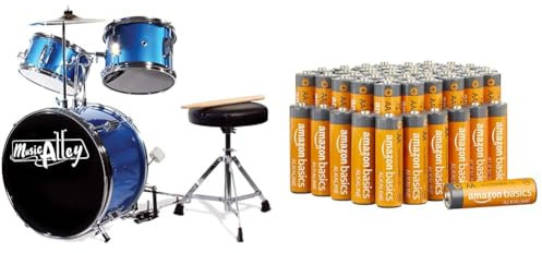 Music Alley Junior Drum Kit for Kids with Kick Drum Pedal, Drum Stool & Drum Sticks - Blue & Amazon Basics AA-Alkalisch-Batterien, leistungsstark, 1,5 V, 48er-Pack (Aussehen kann variieren)