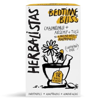 Herbalistas Bedtime Bliss Chamomile Passionflower & Valerian Herbal Tea 4 x 18 Biodegradable Tea Bags | Caffeine-Free | Adaptogens Nootropics & Botanicals for Relaxation & Restorative Sleep Made in UK