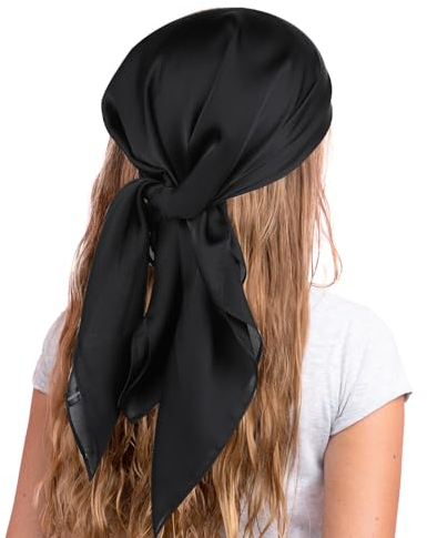 COMNICO Pañuelo para el pelo de satén para mujer, pañuelo cuadrado como seda bandana para el cabello, bufanda para dormir (27,5 pulgadas), Negro , Talla única