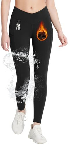 baleaf Damen Thermo Leggings mit Taschen Jeggings Wanderhose Thermohose Winter Wanderleggings Hohe Taille Wasserabweisend Leggings Schwarz L