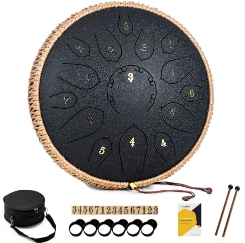 MeloBeat Zungentrommel 12 Zoll 15 Töne - Professionelles Steel Tongue Drum Handpan Set in D Dur inkl. Zungentrommel Liederbuch, Schlagzeug Sticks und Trommel Tragetasche (Schwarz)