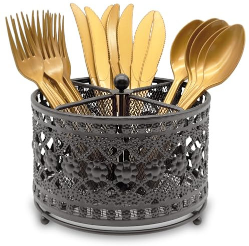 DysanVica Panier à ustensiles rotatif à 360° en métal – 4 compartiments vintage argenterie porte-couverts fourchette, cuillère, serviette de table, panier de rangement pour fête, comptoir, buffet,