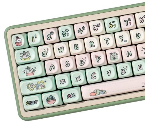 Green and Pink Cute Keycaps, PBT Moa Profile Keycap, Round Kawaii Keyboard Gaming Keycap, 135 Keys Dye-Sublimation Custom Keycap Set for Mechanical Keyboard 60% 75% 100% (Green)
