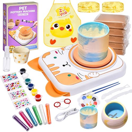 IEEILULU Ruota per Ceramica per Bambini, Kit Ruota in Ceramica Elettrica, Macchina per Ceramica con Argilla, Colori, Adesivi Diamantati, Regalo per Ragazze e Ragazzi (Gatto e Giallo)