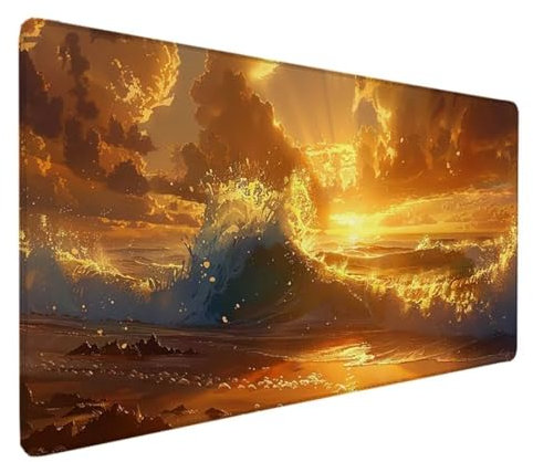 Tapis de Souris XXL 70 x 30 cm, Tapis de Souris Gamer Jaune Tapis de Bureau Flots Mouse Pad Antidérapant Étanche, Bords Cousus Tapis de Bureau Gaming pour la Bureau, Jeux, Maison Déco Cadeau P-4