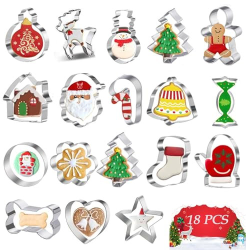 18 Pcs Christmas Cookie Cutter, 3''Christmas Cutters, Christmas Cookie Cutters and Stamps, Cookie Cutters, for Baking - Christmas Tree, Gingerbread Man, Santa and More Shapes Christmas Cookies