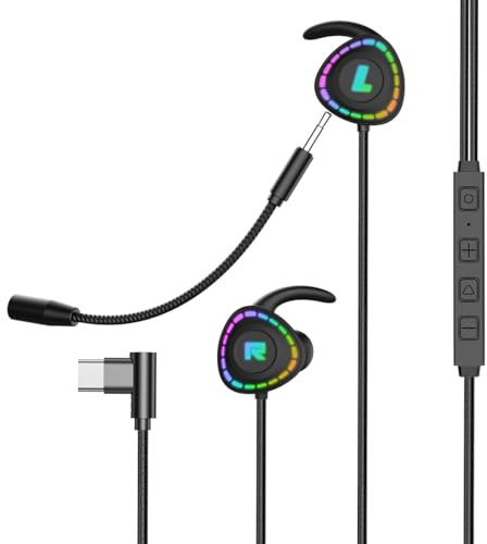 fesoklaf Wired Gaming Earphone, Type-C Gaming Earbuds with Detachable Mic and RGB Light, E-Sport Headphone Noise Cancelling Stereo Bass