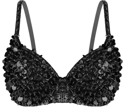 Miutii Damen Glitzer Pailletten BH Glänzend Crop Top Bauchtanz Oberteile Trägertop Musik Festival Nachtclub Tanz Party Tops Schwarz M