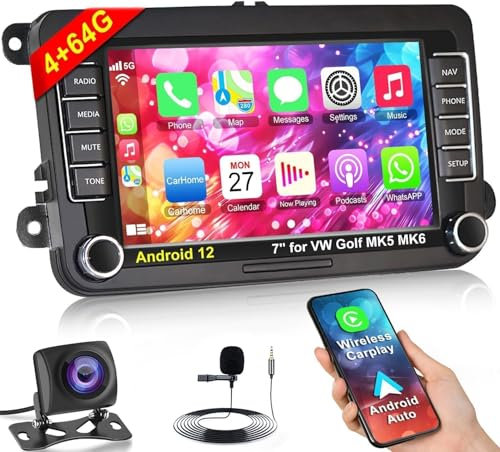 4+64 Android 13 Autoradio für VW Golf Passat Jetta MK5 MK6 RCD330, 7 Zoll IPS Touchscreen Autoradio mit kabellosem Carplay/Android Auto, GPS, WLAN, Bluetooth, unterstützt OBD2/DVR/DPS