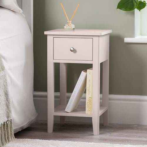 CHRISTOW Slim Pink Bedside Table With Drawer & Shelf, Modern Narrow Bedroom Nightstand, Wooden MDF Side End Stand for Living Room Hallway Sofa, Brushed Chrome Handle (H57cm x W32cm x D32cm)