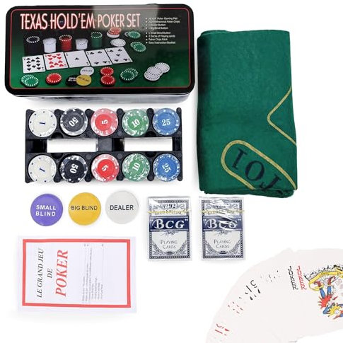 MAGIC SELECT Poker Set Spiel. Poker Set Texas Hold 'Em mit 200 Chips, 2 Kartensätzen, Dealer-Button, Big - Small Blind, Matte, Metallbox mit Regelhandbuch im PDF-Format.