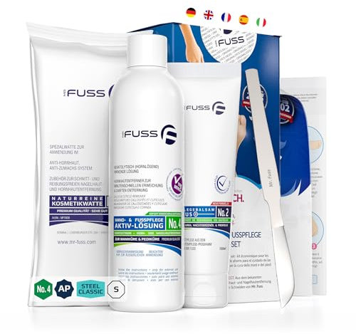 Mr. Fuss® No. 4 - Hornhautentferner Hand- und Fußpflege Set - Advanced Pack - 4 tlg. - Nagelhautentfernung - Schnell Erweichend Wirkend, Lösung, Balsam, Watte, Instrumente