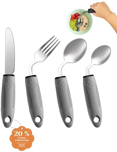 CuraVita Adaptives Besteckset (4-teilig) – 42° gewinkelt, 85 g gewichtetes Besteck bei Parkinson, Handzittern und Arthritis – ergonomische Esshilfen mit rutschfestem Griff (Linkshänder)