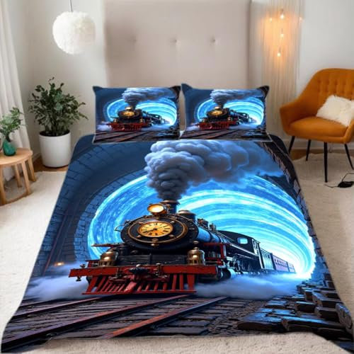 Zbeiba Bettwäsche 135x200 Dampfbetriebener Zug Muster 3D Drucke geeignet für Teenager Kinder Bettwäsche-Set Mikrofaser Bettbezug Mit Reißverschluss Und 2 Kissenbezug (135x200+2 * 80x80,#5