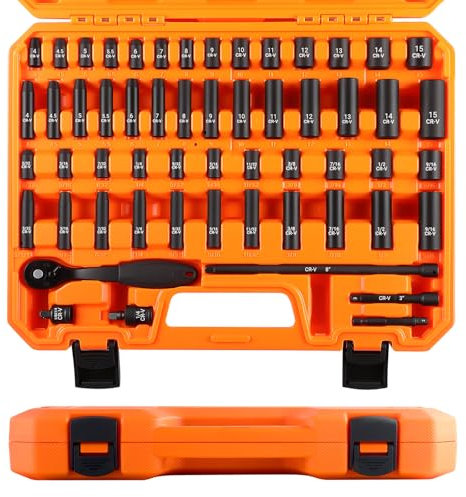 Camiraft 1/4 Drive Impact Socket Set, 57PCS Standard SAE (5/32 to 9/16 inch) and Metric (4-15mm) Size, 6 Point, Cr-V, 1/4-Inch Drive Ratchet Handle, Drive Extension Bar, Impact Universal Joint