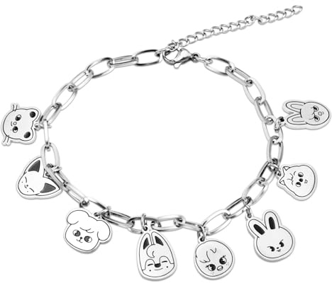 SOSAYI Stray Edelstahl Armband, Skzoo Anhänger Armbänder, Stray Unisex Silber Bracelet mit 1 SKZ 3D Aufkleber und 2 SKZ Photocard, Kpop Fanartikel Geschenk für Stay