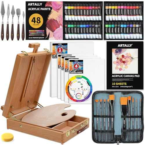 84-Piece Professional Acrylic Painting Set with Table Box Easel, 48 Colors Acrylic Paint Set, Paint Brush Set & Case,Canvas Pad, Complete Art Supplies Painting Kit for Adults, Artists, Beginners