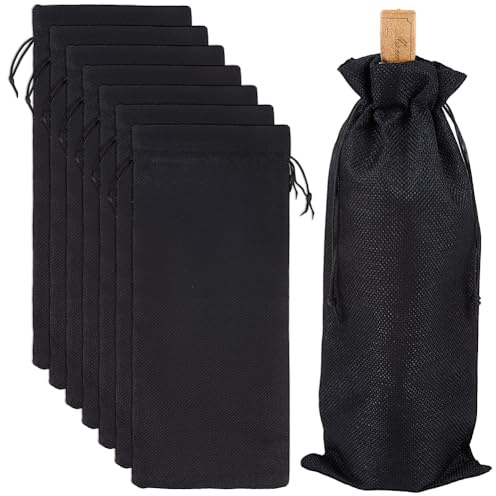 Beebeecraft 8Pcs Burlap Wine Bottle Bags 5.9x13.8 Inch Rectangle Black Reusable Drawstring Wine Bottle Gift Bags Pouch for Champagne Holiday Weeding Party Birthdays Christmas Travel Blind Tastings