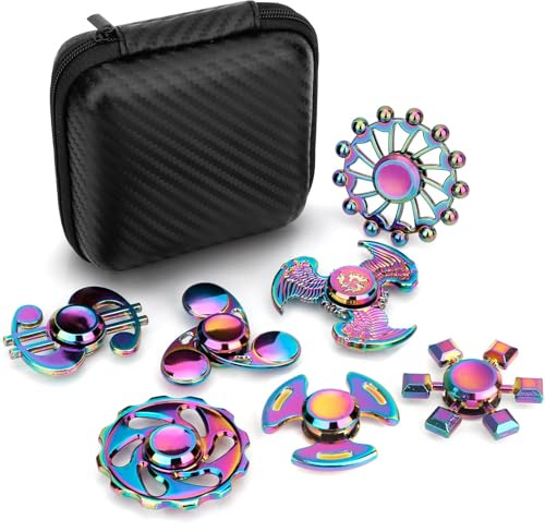 Regenbogen Metall Fidget Spinner Set, 3-teiliges Premium Finger Spielzeug zur Stressbewältigung – Hochwertiges Fidget Toy für Erwachsene & Kinder, Inkl. Würfel und Kette –7 Pack