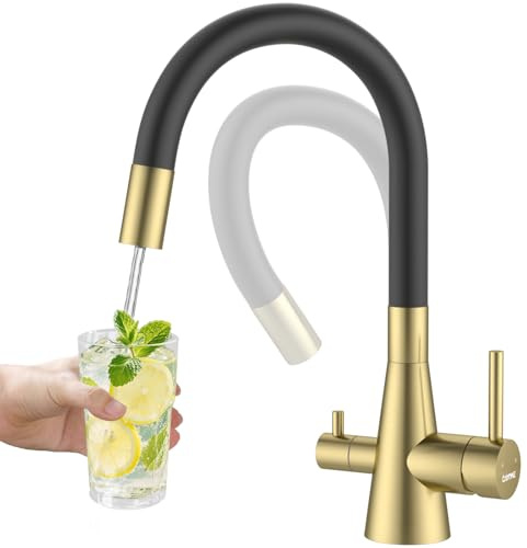 DAYONE Gold 3 Wege Wasserhahn Küche Flexibel, 3 in 1 Mischbatterie für Wasserfilter Osmose, 360° Drehbar Küchenarmatur Spültischarmatur mit Soft-Touch-Schlauch, Trinkwasserhahn mit Doppelhebel