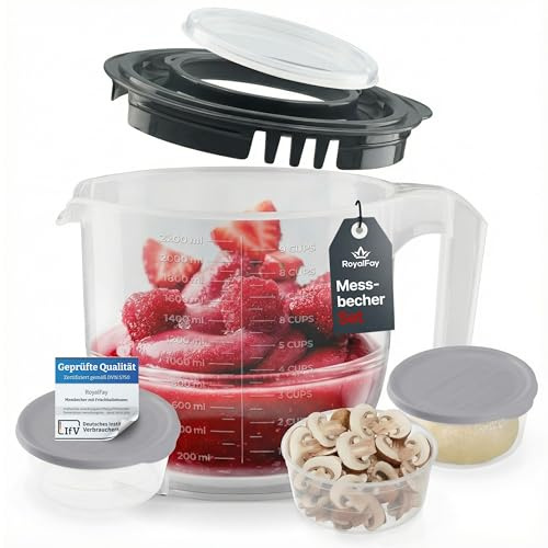 RoyalFay® Messbecher 2,2L anthrazit (INKL. 3 Frischhalteboxen) – Rührbecher mit Deckel – Mixbecher mit Stopboden, Liter- und Cup-Skala – Rührschüssel für Backen, Kochen und Frischhalten