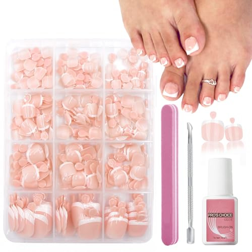 Fake Toe Nails Set - 240PCS Short Square French False Toenails Kit - Nude French Tip Stick On Toenails - Glossy Full Cover Acrylic False Toe Nails For Women Girls Nail Art DIY Gift