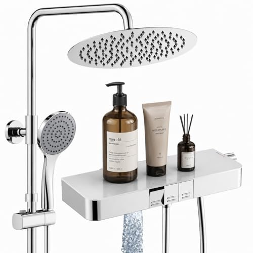 HOMELODY Duschsystem mit Thermostat und Glasablage Chrom, 30cm Regendusche | 2026 Neu Regendusche mit Armatur, 3 Strahlarten Handbrause und Unterer Auslauf Duscharmatur Komplettset, Duschset Badzimmer